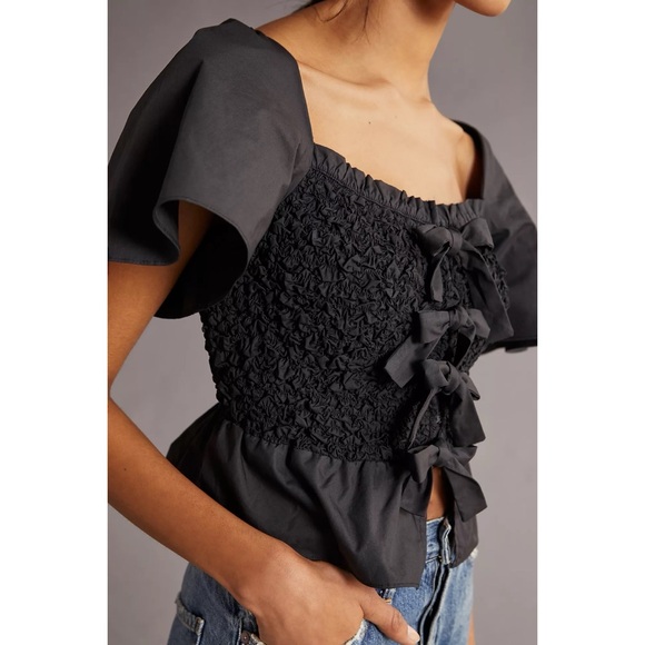 NWT Anthropologie x Mare Mare Bow-Front Tied Bows Blqck Smocked Peplum Blouse S - Picture 8 of 11